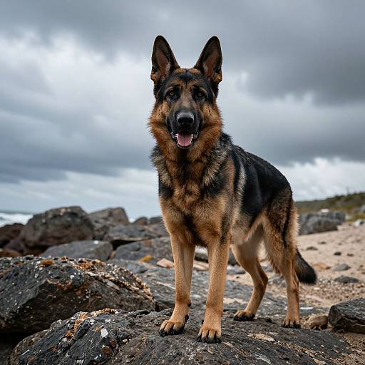 Photograph of a German Shepherd standing on rocky terrain under a cloudy sky, with its mouth open and ears upright.