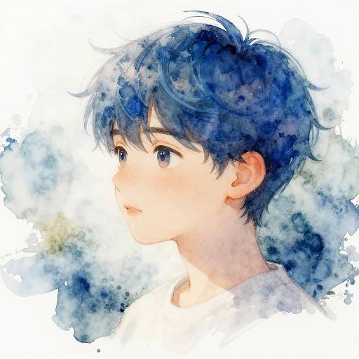 Dreamy Blue-Haired Boy Watercolor