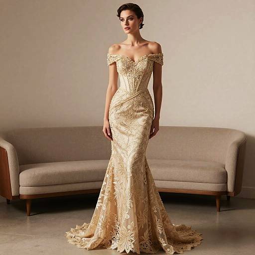 Photograph of a woman in an off-the-shoulder, gold lace mermaid wedding gown, standing in front of a beige sofa against a plain