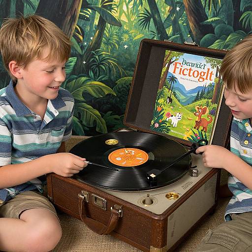 Boys Playing Record on Vintage Player