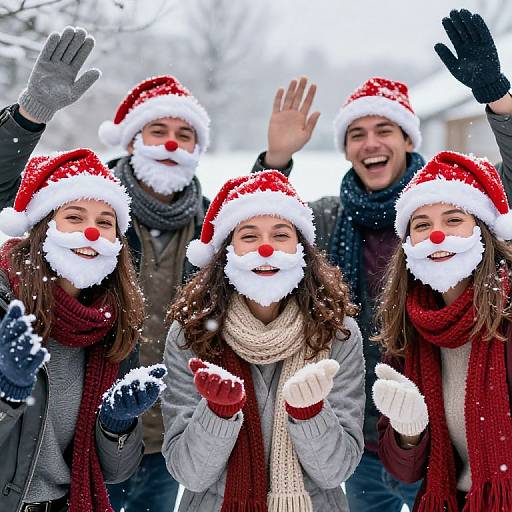 Photograph of six laughing, smiling people in Santa hats and winter clothes, waving and clapping in a snowy outdoor setting.