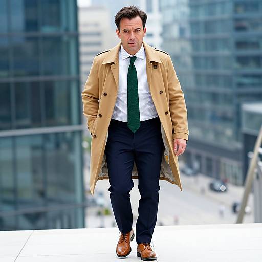 Photograph of a serious-looking man in a tan trench coat, white shirt, green tie, black pants, and brown shoes, standing in front of