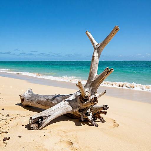 Photograph of a weathered, white driftwood tree trunk on a sunlit, sandy beach with clear turquoise waves and a vivid blue sky.