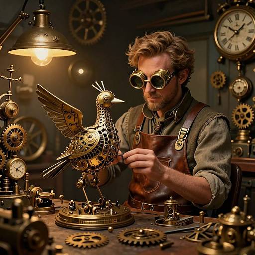 Steampunk artist with round goggles, brown leather apron, and beard, meticulously assembling a mechanical bird clockwork in a dimly lit workshop.