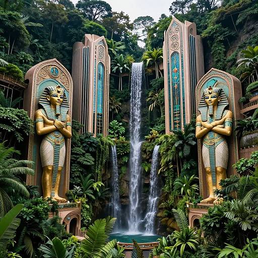 Photograph of a lush jungle waterfall with two towering, golden Anubis statues in ornate arches, surrounded by dense greenery.