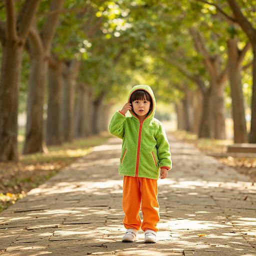 Photograph of a young Asian boy in a green hoodie and orange pants, standing on a sunlit, tree-lined path, touching his ear.