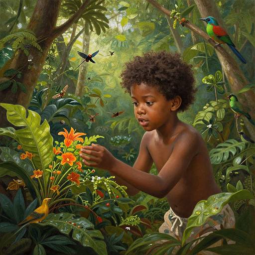 Digital painting of a young black boy with curly hair, shirtless, admiring vibrant orange flowers in a lush, green jungle, surrounded by colorful birds