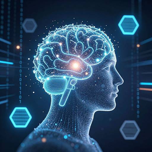 Digital illustration of a glowing blue silhouette head with a neon brain, featuring a bright white light at the brain's center, surrounded by hexagonal icons in