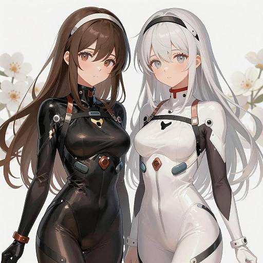 Digital Anime Illustration of Two Girls in Shiny Bodysuits
