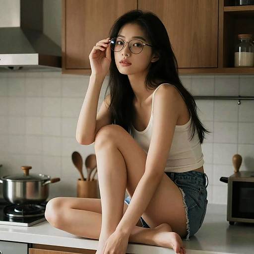 Young Woman Sitting on Kitchen Counter