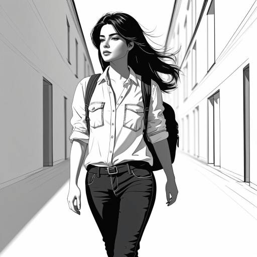Monochrome Sketch of Woman Walking in Urban Alley