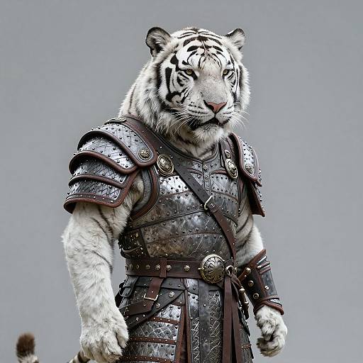 Digital artwork of a white tiger in medieval armor, standing against a gray background. The tiger's fierce expression contrasts with the intricate, metallic armor.