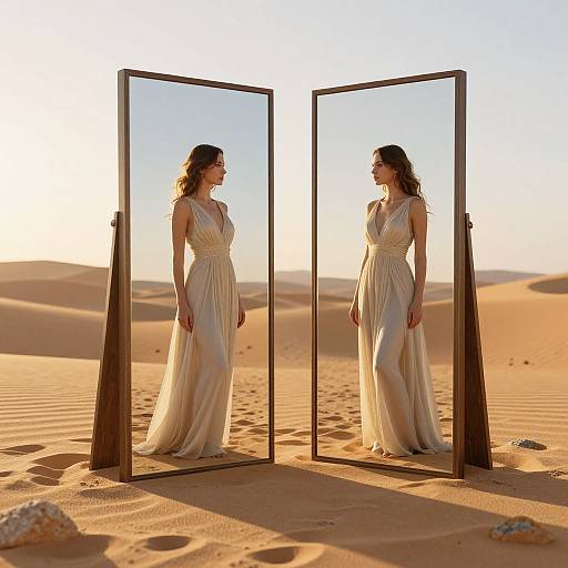 Photograph of a woman in a white, sleeveless gown standing in a desert, facing two mirrored panels reflecting her image, with golden sand dunes