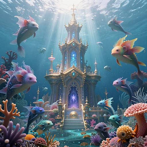 Photorealistic digital artwork of an underwater, ornate temple with glowing blue interior, surrounded by colorful fish and vibrant coral reefs.