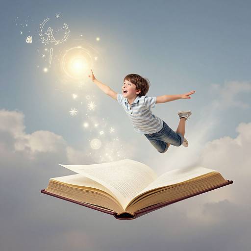 Photograph of a young boy in a white-striped shirt and blue jeans, leaping over an open book, reaching for a glowing sun emitting stars and