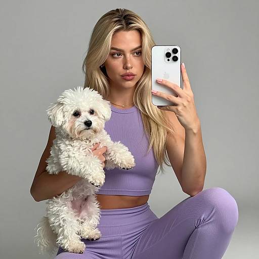 Blonde Woman Taking Selfie with White Fluffy Dog