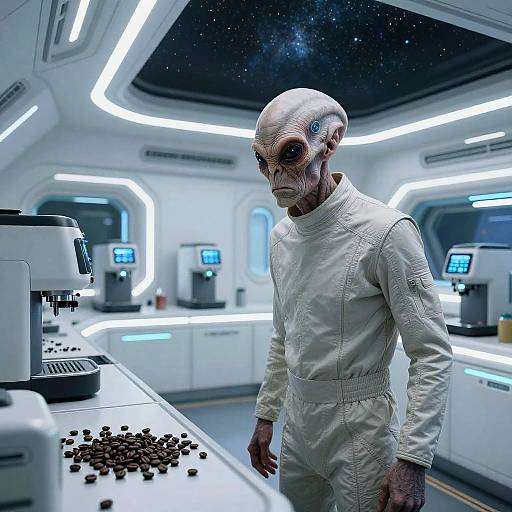 Grumpy Futuristic Alien Elder in Spaceship Kitchen