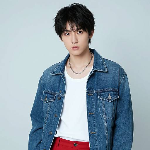 Photograph of an Asian man with short black hair, wearing a blue denim jacket, white shirt, red pants, and silver chain necklace, standing against