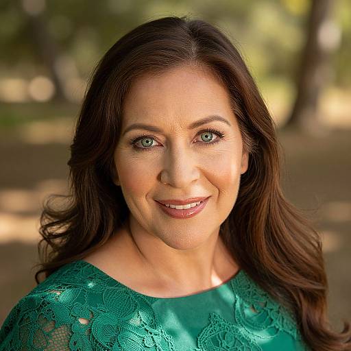 Photograph of a smiling woman with green eyes, wavy brown hair, wearing a green lace top, standing in a sunlit forest.