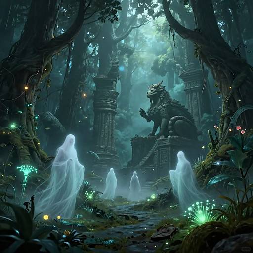 Digital fantasy artwork of a mystical forest with glowing blue spirits, ancient ruins, and a fierce dragon statue under ethereal light.