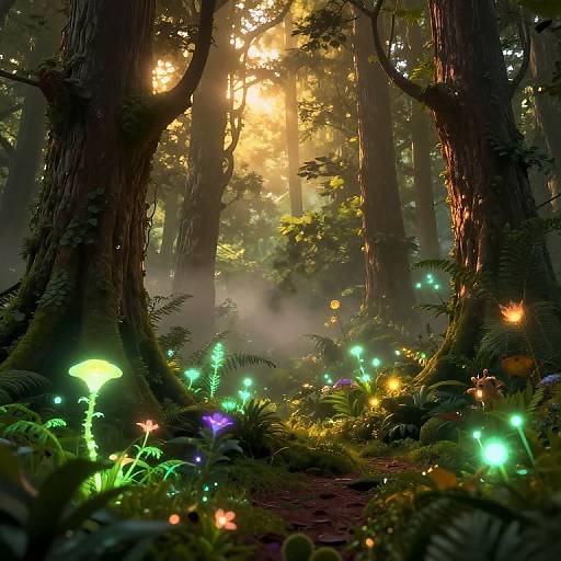 Photorealistic digital art of a mystical forest at sunrise, illuminated by vibrant glowing mushrooms and soft light filtering through tall trees.