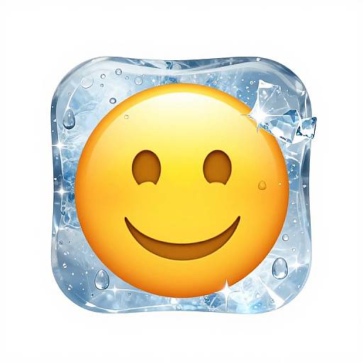 Digital illustration of a bright orange, smiling emoji with brown eyes encased in a translucent, ice-like crystal background.