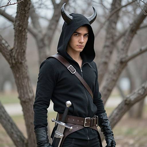 Photograph of a young man with dark skin, wearing a black hooded jacket with horned headpiece, black gloves, and a belt with sword