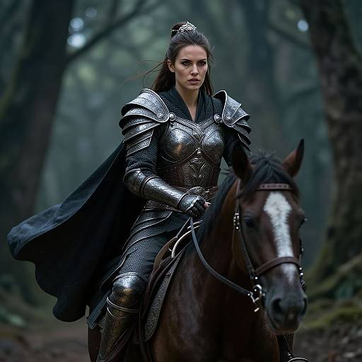 Photograph of a fierce, dark-haired woman in shiny black medieval armor riding a brown horse through a misty, dense forest.