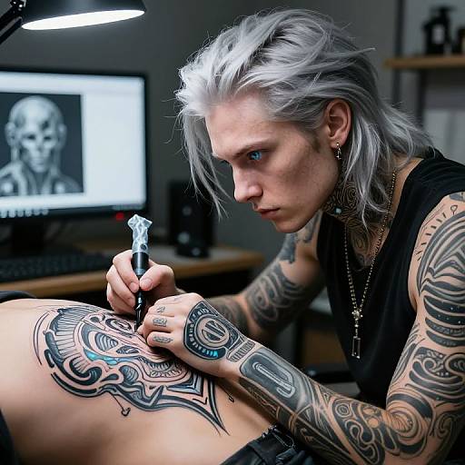 Photograph of a heavily tattooed, silver-haired tattoo artist with blue eyes, focused on intricately tattooing a client's ribcage, in