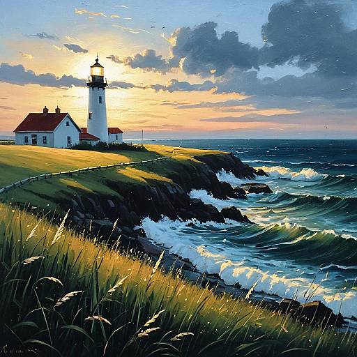 Twilight Meadow with Lighthouse Serenity
