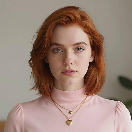 Portrait of Young Woman with Red Hair and Gold Heart Necklaces