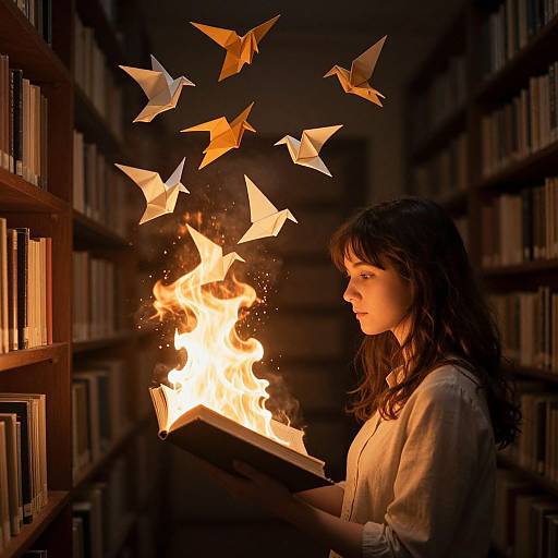 Photograph of a young woman with wavy brown hair, wearing a white blouse, holding a book with fire and paper birds flying around her in a