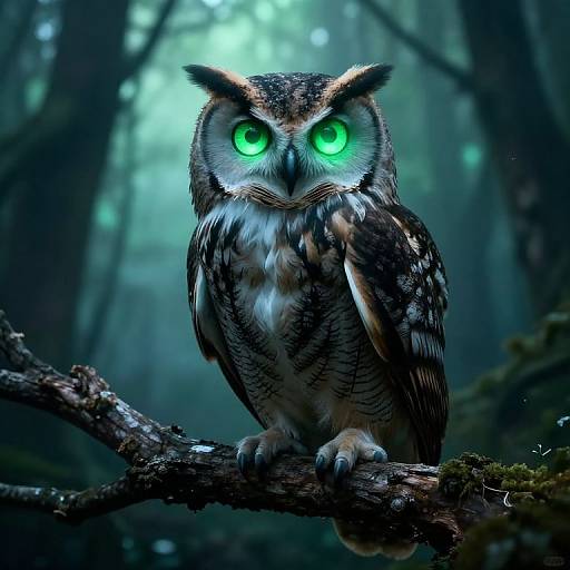 Photograph of a glowing green-eyed owl with dark, mottled feathers perched on a mossy tree branch in a misty forest.