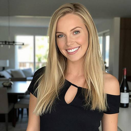 Photograph of a smiling blonde woman with straight hair, wearing a black off-shoulder top with a keyhole cutout, standing in a bright