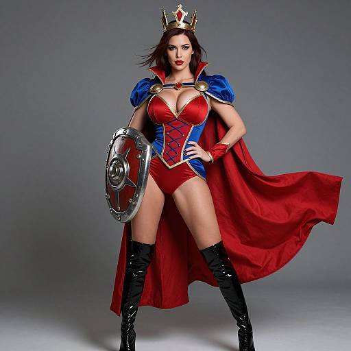 Photograph of a muscular, fair-skinned woman in a red and blue superhero outfit with a crown, red cape, and black boots, holding a