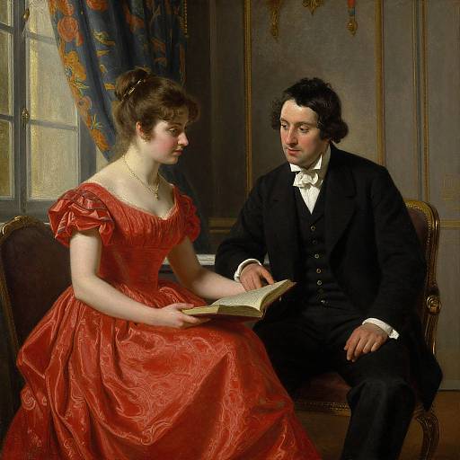 Victorian-era painting of a woman in a red dress and a man in black suit reading together in an ornate room.