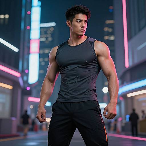 Photorealistic CGI of a muscular Asian man in a black tank top and pants, standing confidently in a neon-lit urban night street.