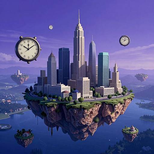 Digital artwork of a floating city with skyscrapers, clock faces above, surrounded by floating islands and a blue sky.