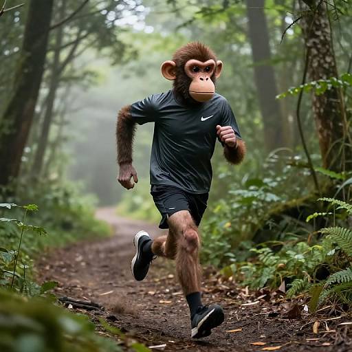 Photograph of a monkey in a black Nike shirt and shorts, running on a forest path, surrounded by lush greenery.