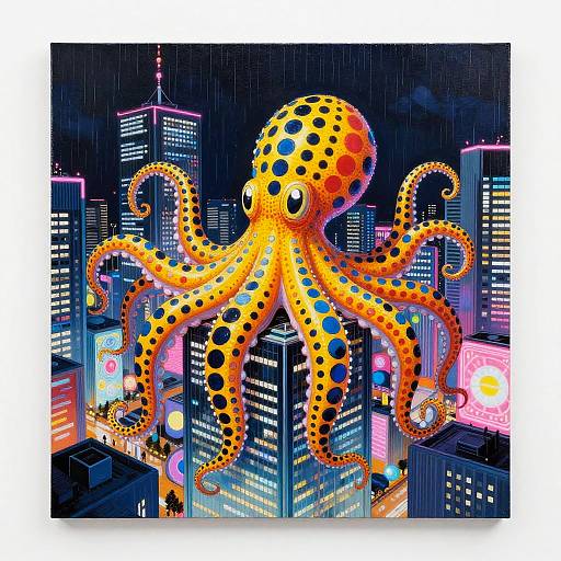 Digital illustration of a giant, yellow, spotted octopus with blue and orange markings, towering over a neon-lit, futuristic cityscape at night.