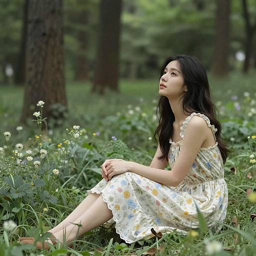 Photograph of a young Asian woman with long black hair, wearing a white floral dress, sitting in a lush, forested meadow.