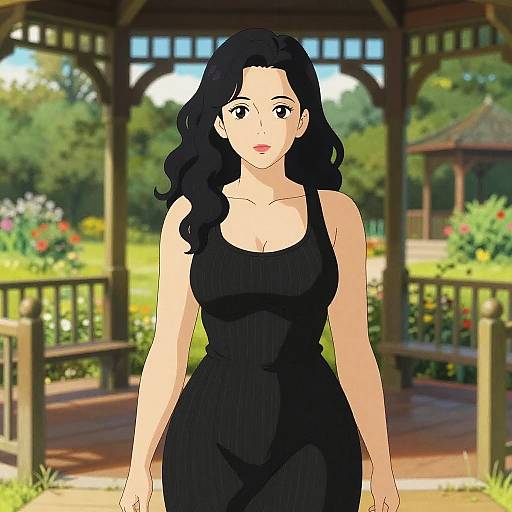 Stocky Woman in Black Dress Under Gazebo