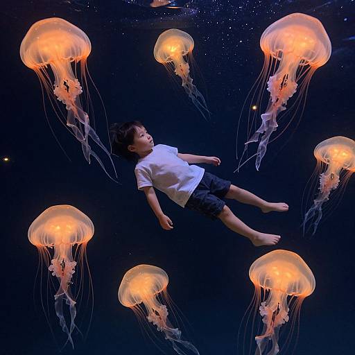 Photograph of a young Asian boy in a white shirt and black shorts, floating underwater surrounded by glowing orange jellyfish.