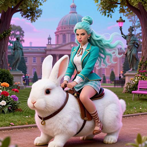 Digital artwork of a turquoise-haired woman in a blue jacket riding a white rabbit through a vibrant, flower-filled garden with a grand dome in the background.