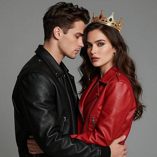 Photograph of a dark-haired man in a black leather jacket, gently embracing a dark-haired woman in a red leather jacket, wearing a gold crown,