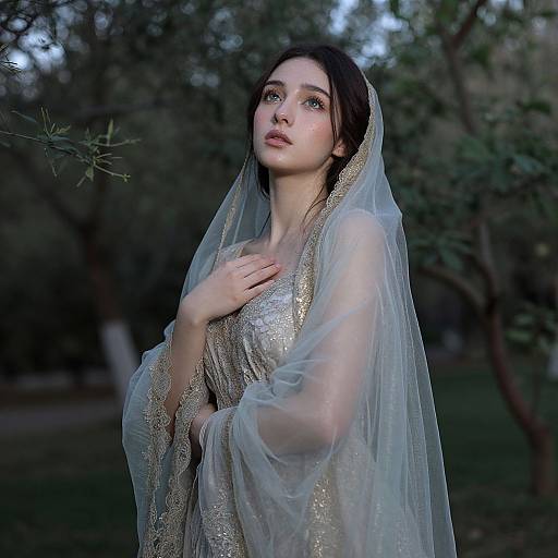 Photograph of a fair-skinned young woman with blue eyes, wearing a shimmering silver dress and translucent veil, standing in a dimly lit forest