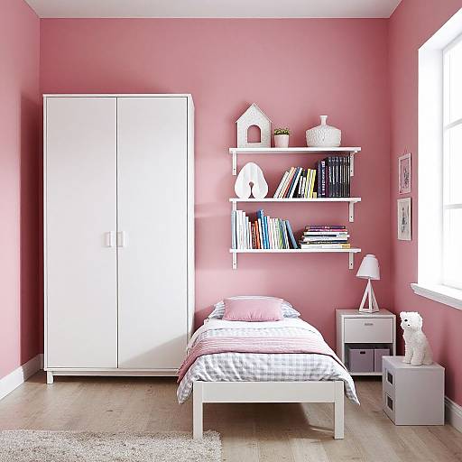 Photograph of a pink-walled bedroom with white furniture, including a bed, wardrobe, shelves with books and decor, nightstand, lamp, and