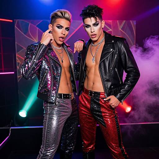 Photograph of two androgynous, shirtless performers in sequined jackets and glittery pants, standing under colorful stage lights, with fog and