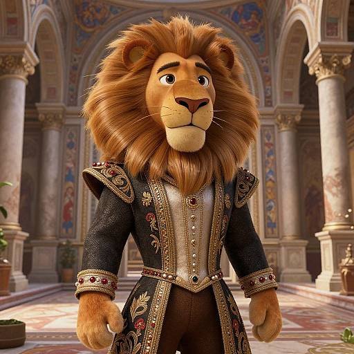 CGI lion with a regal mane wearing ornate black and gold medieval-style clothing stands in a lavish, columned, fresco-decorated