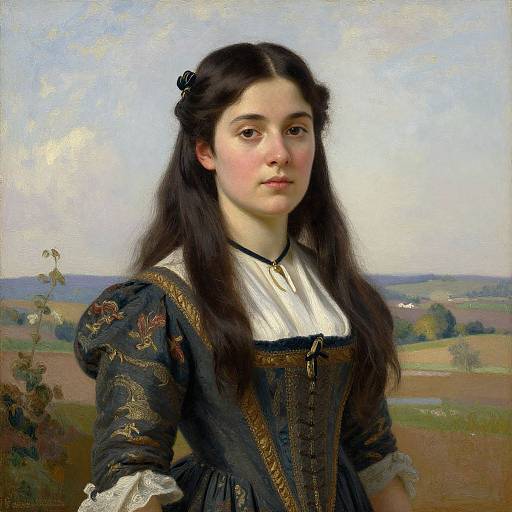Realistic oil painting of a young woman with long dark hair, wearing a medieval-style black dress with gold embroidery, standing in a countryside landscape.